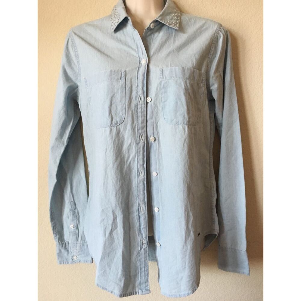 Hollister Blue Beaded Rhinestone Collared Chambray Easy Women's Blouse Size XS